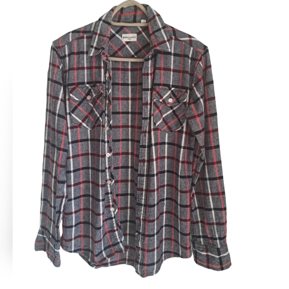 BRIDGE & BURN Linen blend checkered shirt lightweight long sleeve plaid men SM